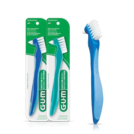 GUM Denture Brush - Dual Headed Hard Bristle Toothbrush